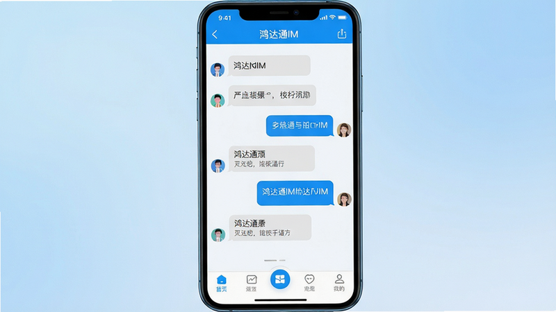 主体:鸿达通IM手机应用界面展示,屏幕中显示清晰的聊天窗口和功能图标。布局:手机居中,界面细节丰富,左右两侧留有适量留白。排版:现代简洁的App界面设计,信息层级分明。风格:科技感、扁平化、色彩明亮以蓝色为主色调。细节:屏幕中显示“鸿达通IM”字样,对话气泡和底部导航栏清晰可见,背景为柔和的渐变蓝色。画质:超高清渲染,细节丰富,干净无多余元素。