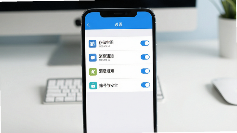 主体:一部手机屏幕显示鸿达通IM的“设置”界面,包含“存储空间”、“消息通知”、“账号与安全”等选项。布局:手机居中,屏幕内容清晰可见,背景为简洁的桌面。排版:设置列表从上到下依次排列,每个选项配有图标。风格:扁平化设计,色彩以蓝色和白色为主。细节:屏幕顶部显示“设置”标题,列表中有“存储空间”和“消息通知”等选项,部分选项右侧有开关按钮。画质:超清渲染,细节丰富,干净无多余元素。