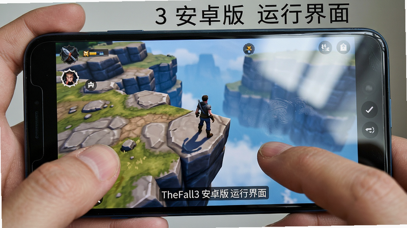 一张手机横屏游戏的实拍图,主体是手机屏幕中显示的游戏界面,画面中角色站在悬崖边缘,布局为手持设备居中,排版突出屏幕内容,风格写实,细节包含手指触碰屏幕的痕迹与屏幕反光,画质清晰干净,无多余元素,图片文字标注“TheFall3 安卓版 运行界面”