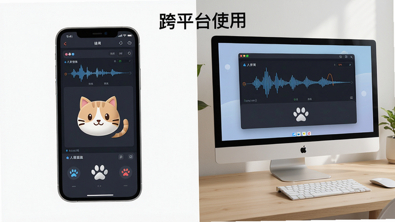 展示伪人猫语音盒在手机和电脑上使用的对比场景,主体是手机和电脑屏幕上的软件界面,布局左右对比,排版直观,风格写实,细节显示变声波形和猫爪图标,画质高清,干净,无多余元素,文字标注“跨平台使用”