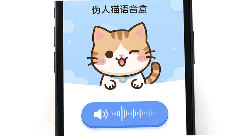 图片展示伪人猫语音盒在手机屏幕上运行的界面,主体是活泼可爱的卡通猫咪形象与醒目变声按钮,布局清晰,排版简洁,风格现代扁平化,细节包含音量波形动态效果,画质高清,干净,无多余元素,文字标注“伪人猫语音盒”
