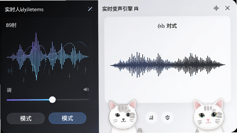 展示伪人猫语音盒的实时变声功能界面,主体是音波图形与猫咪声纹对比图,布局左右分栏,排版专业,风格科技感,细节包含音调滑块和模式选择按钮,画质清晰,干净,无多余元素,文字标注“实时变声引擎”