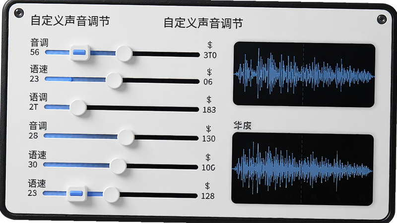 展示伪人猫语音盒的自定义调节面板,主体是多个滑块和波形预览图,布局垂直排列,排版简洁,风格现代化,细节显示音调、语速等参数值,画质清晰,干净,无多余元素,文字标注“自定义声音调节”