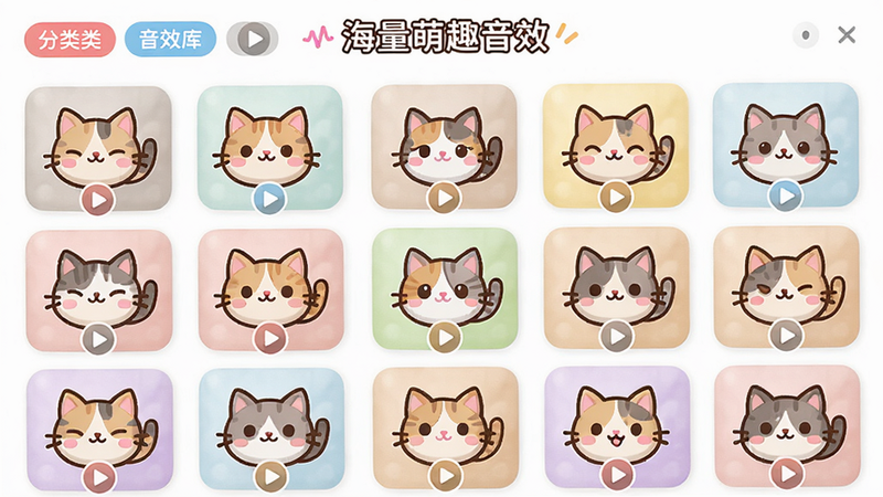 展示伪人猫语音盒的音效库浏览页面,主体是网格排列的猫咪音效图标,布局整齐,排版活泼,风格卡通可爱,细节包含分类标签和播放按钮,画质高清,干净,无多余元素,文字标注“海量萌趣音效”