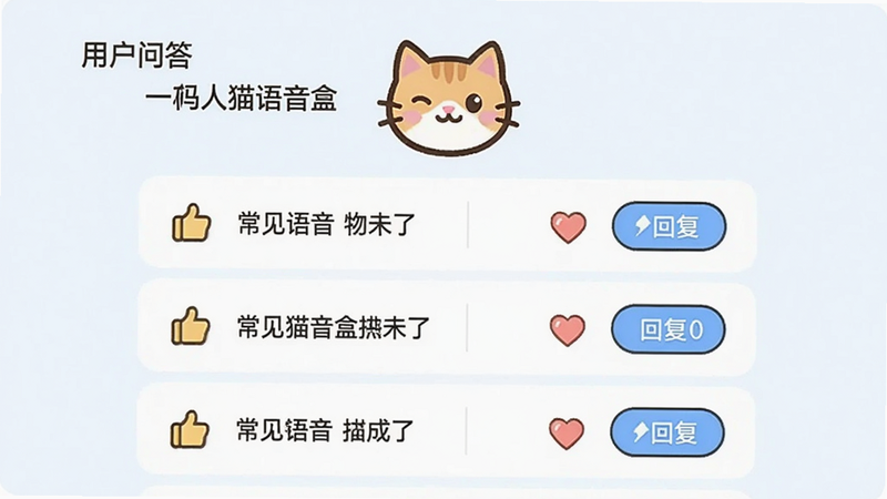 展示伪人猫语音盒的用户问答界面,主体是问答列表和猫咪头像,布局简洁,排版清爽,风格卡通,细节包含点赞图标和回复按钮,画质清晰,干净,无多余元素,文字标注“常见问题”