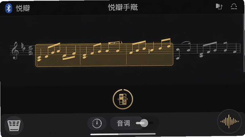 主体:悦瓣手机版正在演奏模式下的屏幕,显示乐谱且当前小节高亮,下方有节拍器圆形图标。布局:乐谱占屏幕主要区域,底部工具栏有节拍器、音调调节按钮。排版:信息层级分明,高亮部分醒目。风格:深色背景,音符高亮为金色。细节:蓝牙踏板图标在角落,声波图标表示声控翻页开启。画质:清晰,干净,无多余元素。