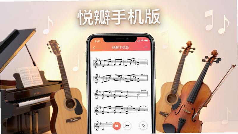 主体:智能手机屏幕显示悦瓣手机版应用界面,周围有钢琴、吉他、小提琴等乐器环绕,背景是柔和的光晕。布局:手机居中,乐器呈弧形排列在手机后方,顶部有“悦瓣手机版”字样。排版:中心突出,四周均衡。风格:现代简约,色彩明快。细节:手机屏幕上清晰显示乐谱五线谱和翻页按钮,光线自然。画质:高清渲染,干净,无多余元素。