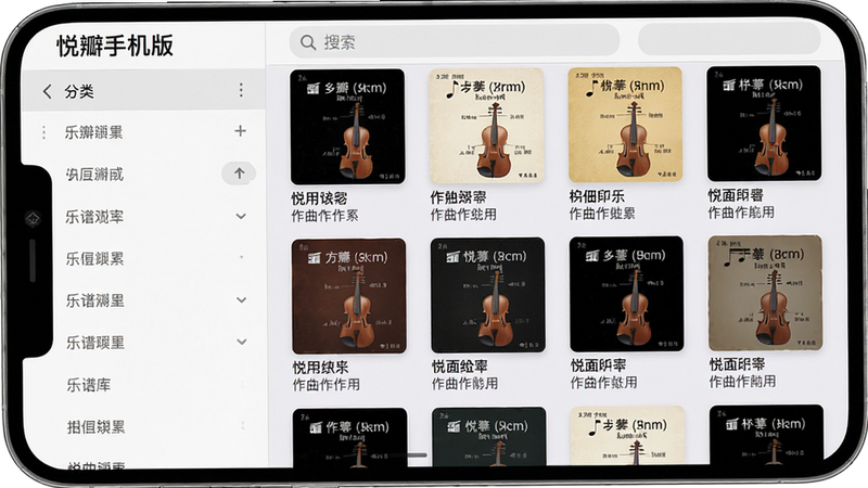 主体:悦瓣手机版应用中的乐谱库界面,屏幕显示整齐排列的乐谱封面缩略图。布局:左侧为分类侧边栏,右侧为乐谱网格列表。排版:列表清晰,封面图大小统一。风格:扁平化设计,背景浅灰色。细节:每张封面下方有曲名和作曲家标签,顶部有搜索框。画质:高清,干净,无多余元素。