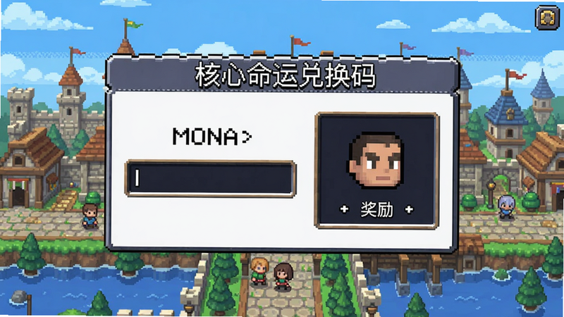 核心命运兑换码界面,显示输入框与奖励预览,背景为游戏主城,像素风格,界面简洁,布局居中,细节丰富,画质干净,无多余元素
