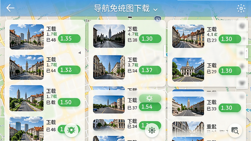 高清全景导航免费版离线地图下载界面,手机屏幕显示城市列表,每个城市旁有下载按钮和已下载大小,背景为地图缩略图,界面清爽,按钮醒目,色彩明快