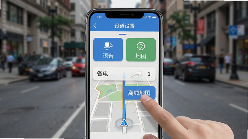 高清全景导航免费版使用教程示意图,手机屏幕显示导航设置菜单,有语音、地图、省电等选项,手指点击“离线地图”选项,背景为模糊的街道实景,界面清晰,指引明确