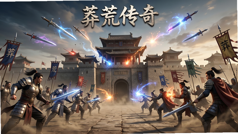 主体:《莽荒传奇》仙盟战场景,两方玩家阵营在巨大城池前对峙,空中飞剑与法术光芒交织;布局:城池居中,双方人马分列两侧,画面充满战斗张力;排版:主体突出,动作感强,无文字;风格:写实光影,色彩绚丽,特效丰富;细节:人物铠甲反光、技能粒子效果、旗帜飘动、尘土飞扬;画质:高帧率渲染,画质清晰,干净无多余元素