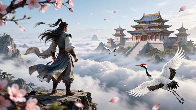 主体:《莽荒传奇》游戏主城场景,一名修仙者站在山巅俯瞰云海,远处有仙宫楼阁若隐若现,近处有灵鹤飞舞;布局:人物居中偏左,背景广阔,层次分明,前景有飘落的桃花瓣;排版:画面干净,主体突出,无多余文字;风格:国风水墨与写实结合,色彩鲜明,光影柔和;细节:人物衣袂飘飘,发丝清晰,宫殿瓦片纹理可见,云海有动态模糊效果;画质:8K超清,细节丰富,干净无多余元素