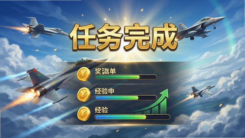 主体:玩家在游戏中成功击落敌机后的结算画面。布局:画面中央显示“任务完成”字样,下方列出奖励清单。排版:金色字体,背景为战机飞过云层的动态图。风格:奖励感强烈,色彩明亮。细节:金币图标,经验条增长动画。画质:清晰炫丽,无多余元素。