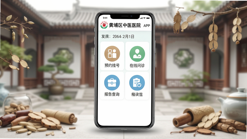 ���壺һ�������ֻ���Ļ��ʾ����������ҽҽԺ��APP���棬������ԤԼ�Һš�������������ѯ��ͼ�꣬��������͵���ʽͥԺ����ҩԪ�ء����֣��ֻ����У������������������ס��Ű棺APP����ͼ���������룬���ֱ�ǩ��Ŀ��������¼�࣬�ִ�ҽ������ҽ��ͳ��ϡ�ϸ�ڣ�������ʾ������ҽԺLOGO���ֻ��·��е�����Ӱ�����ʣ�������Ⱦ���ɾ����޶���Ԫ�ء�