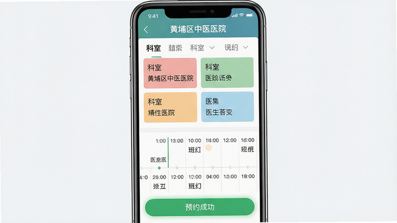 ���壺�ֻ�APP����������ҽҽԺ��ԤԼ�Һ�ҳ���ͼ����ʾ�����б���ҽ���Ű�������֣��ֻ���Ļ���У�����Ԫ�������ɼ����Ű棺����������ҽ�������ò�ͬɫ�����֣�ʱ����������С���񣺱�ƽ����ƣ�ɫ����͡�ϸ�ڣ�������ʾ��ԤԼ�ɹ�����ɫ��ť����Ļ�Ϸ��С���������ҽҽԺ�����������ʣ�����ϸ�壬�ɾ����޶���Ԫ�ء�