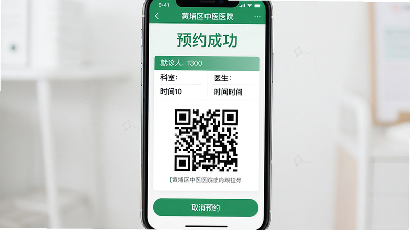 ���壺�ֻ���Ļչʾ����������ҽҽԺ��APP�Һųɹ�ҳ�棬��ʾ�����ˡ����ҡ�ҽ����ʱ�����ά�롣���֣�ҳ����У���ά��ͻ����ʾ���Ű棺��Ϣ�ֿ����У��ײ��С�ȡ��ԤԼ����ť����񣺼��������ɫΪ��ɫ����ϸ�ڣ���Ļ�Ϸ��С�ԤԼ�ɹ����ĸ����֣������ɾ������ʣ����������޶���Ԫ�ء�