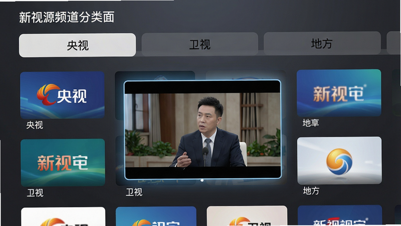 主体:新视源频道分类界面,展示“央视”、“卫视”、“地方”等标签页。布局:顶部为分类标签栏,下方为频道封面缩略图网格。排版:频道名称以白色小字标注在缩略图下方,背景为深灰渐变。风格:扁平化设计,简洁明快。细节:画面中一个频道正播放高清画面,屏幕边缘有轻微的发光。画质:1080P高清水准,画面干净无多余元素。