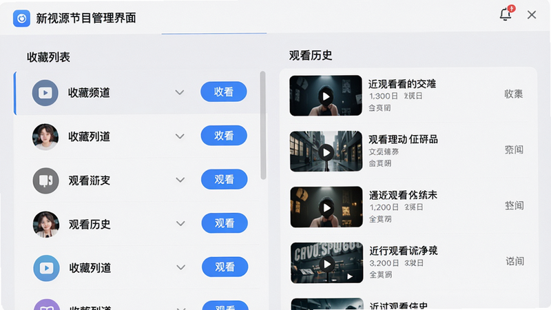 主体:新视源节目管理界面,显示收藏列表和观看历史。布局:左侧为收藏频道,右侧为最近观看记录。排版:列表项带圆形图标和文字,背景为浅灰。风格:清爽简洁,交互友好。细节:收藏按钮高亮显示,历史记录缩略图清晰。画质:高清画质,界面干净无多余元素。