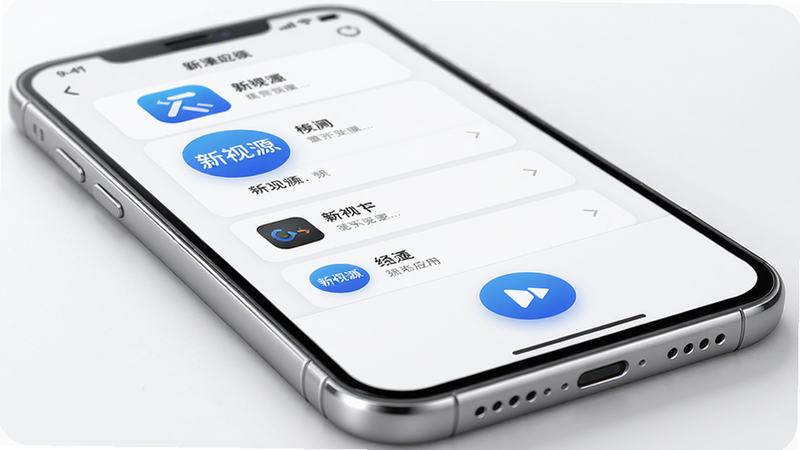 主体:新视源应用图标和手机界面。布局:手机屏幕中央显示频道列表,下方有播放按钮。排版:应用图标为蓝色圆形,背景为白色。风格:清爽简洁。细节:手机边框有金属质感,屏幕光线柔和。画质:超清,干净无多余元素。