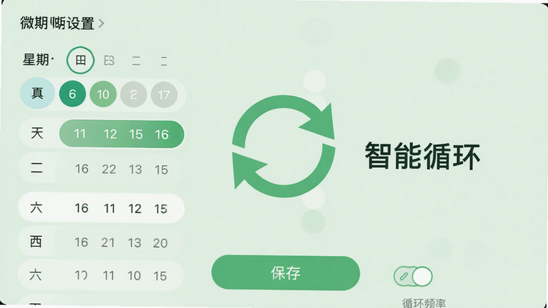 ��������Ϊ΢�����ѵ��������ý��棬��Ļ����ʾ����ѡ���б���ѭ��Ƶ��ѡ�����Ϊ����ɫ��������һ������ѭ����ͷͼ�꣬��ͷ�Ա߱�ע������ѭ���������������Ű���������ƽ�����ϸ��չʾ���ڸ����뱣�水ť�����ʸɾ��������޶���Ԫ��