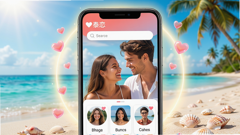 主体:一部智能手机屏幕显示泰恋APP主界面,界面中有一对年轻男女在热带海滩上相视而笑,背景是碧海蓝天和椰树。布局:手机位于画面中央,屏幕内容清晰可辨,周围有柔和的光晕和爱心气泡点缀。排版:APP界面采用卡片式布局,顶部有“泰恋”Logo和搜索栏,下方有多个用户头像卡片。风格:清新浪漫,色彩明亮,带有泰式风情元素。细节:男女主角笑容自然,海滩上有细腻的沙粒和贝壳,界面图标精致。画质:4K超清,干净,无多余元素。