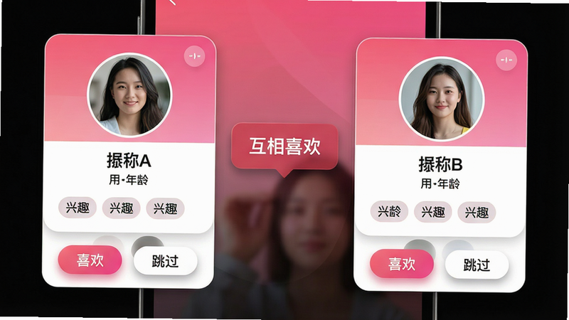 主体:手机屏幕展示泰恋的智能匹配页面,左侧是用户A的卡片,右侧是用户B的卡片,中间有“互相喜欢”的提示。布局:左右对称,卡片下方有“喜欢”和“跳过”按钮。排版:卡片上显示用户照片、昵称、年龄和兴趣标签,背景为渐变粉色。风格:现代简约,带有科技感。细节:照片清晰,标签圆润,按钮有阴影效果。画质:高清,干净,无多余元素。