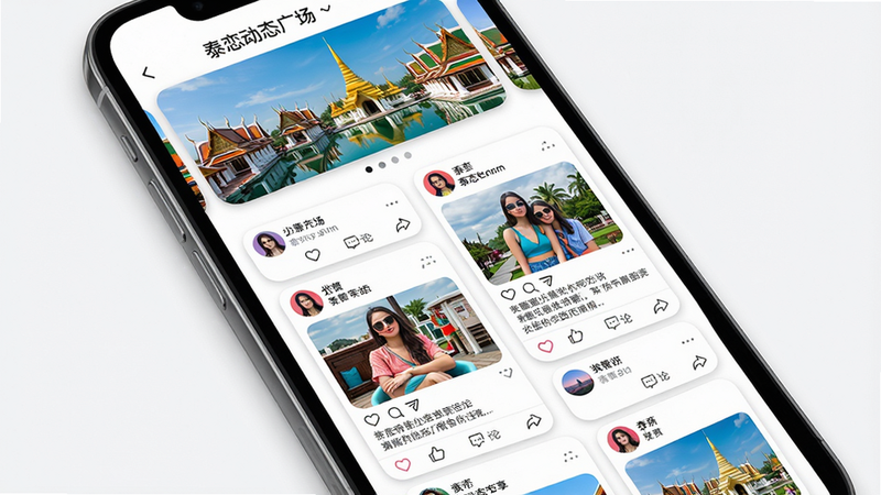 主体:手机屏幕显示泰恋动态广场,顶部是轮播图,下方是瀑布流式动态卡片。布局:卡片错落有致,每张卡片包含用户头像、图片和文字。排版:动态卡片有圆角边框,底部有点赞、评论、分享图标。风格:时尚潮流,色彩丰富。细节:轮播图展示泰国景点,动态图片清晰,文字简洁。画质:高清,干净,无多余元素。