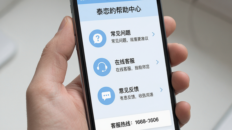 主体:手机屏幕显示泰恋的帮助中心页面,有“常见问题”、“在线客服”、“意见反馈”等选项。布局:列表式布局,每个选项有图标和箭头。排版:背景为淡蓝色,图标为圆形,文字清晰。风格:简洁明了,色彩清爽。细节:每个选项下方有简短描述,底部有客服热线。画质:高清,干净,无多余元素。