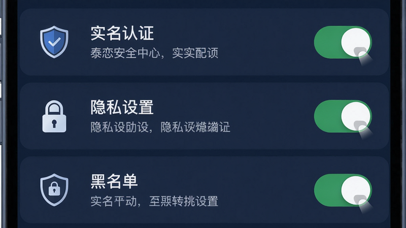 主体:手机屏幕显示泰恋安全中心页面,有“实名认证”、“隐私设置”、“黑名单”等选项。布局:列表式布局,每个选项旁边有图标和开关。排版:背景为深蓝色,图标为盾牌形状,开关为绿色。风格:严谨专业,色调冷静。细节:每个选项有简短说明,开关有动画效果。画质:高清,干净,无多余元素。