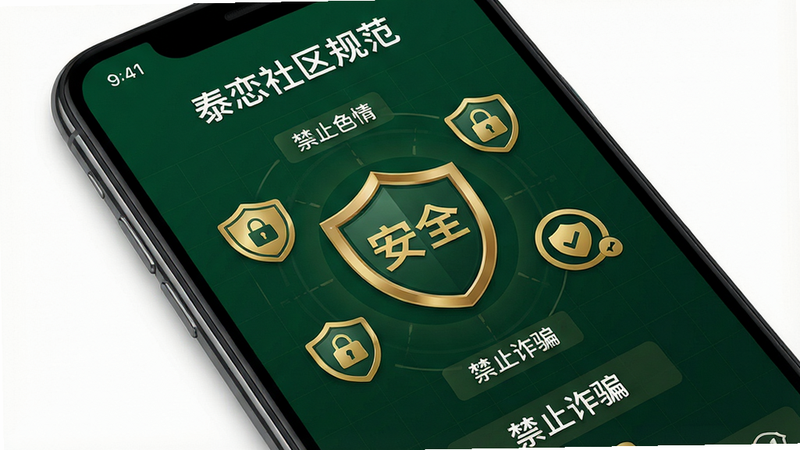 主体:手机屏幕显示泰恋的社区规范页面,有“禁止色情”、“禁止诈骗”等警示语。布局:中央有盾牌图标,周围环绕各种安全标识。排版:背景为深绿色,文字为白色,图标为金色。风格:庄重严肃,色彩鲜明。细节:盾牌上有“安全”字样,标识清晰,背景有淡淡的网格纹。画质:高清,干净,无多余元素。