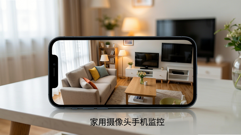 一张展示智能手机屏幕显示家庭客厅监控画面的场景,手机放在茶几上,屏幕内有清晰的彩色监控画面,画面中有沙发和电视,背景是温馨的家庭客厅,整体布局简洁,风格写实,细节丰富,画质高清,干净无多余元素,画面文字标注“家用摄像头手机监控”预览图