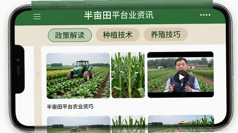��Ķ��ƽ̨ũҵ��Ѷҳ�棬�ֻ���Ļ��ʾ�����б�����ͼ����ũ�ũ���ר�ҽ�����Ƶ����ͼ�������з����ǩ�硰���߽����������ֲ������������ֳ���ɡ���������רҵʵ�ã���ɫ����ɫ���䣬�Ű����룬���ʸ��壬�ɾ��޶���Ԫ�ء�