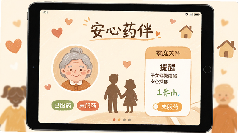 ���壺һ��ƽ�������Ļ��ʾ������ҩ�顱�ļ�ͥ�ػ����棬���������ͷ���ұ�����Ů��������Ϣ�����֣�ƽ����У������м�ͥ��Ա��Ӱ���Ű棺�Գ�ʽ���֣�����Ԫ�ؼ�ࡣ�����ܰ�ֻ�磬ɫ����ͣ���ůɫ��Ϊ����ϸ�ڣ�ƽ�����С��ѷ�ҩ����δ��ҩ��״̬��ǩ�������а��ĺͷ���ͼ�ꡣ���ʣ������ɾ����޶���Ԫ�ء�