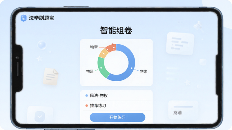 展示“法学刷题宝”智能组卷功能界面截图,背景为浅蓝色,屏幕中央显示“智能组卷”标题和一个环形统计图,下方列出“民法-物权”等推荐练习章节和“开始练习”按钮,界面风格清新,数据可视化清晰,画质干净,无多余元素