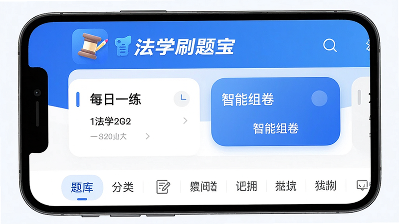 高清展示“法学刷题宝”App在手机屏幕上的主界面效果图,界面顶部显示“法学刷题宝”品牌标识与蓝色主题色,中部为“每日一练”卡片和“智能组卷”按钮,底部为题库分类导航栏,布局简洁明亮,现代扁平化设计风格,细节清晰,画质干净,无多余元素