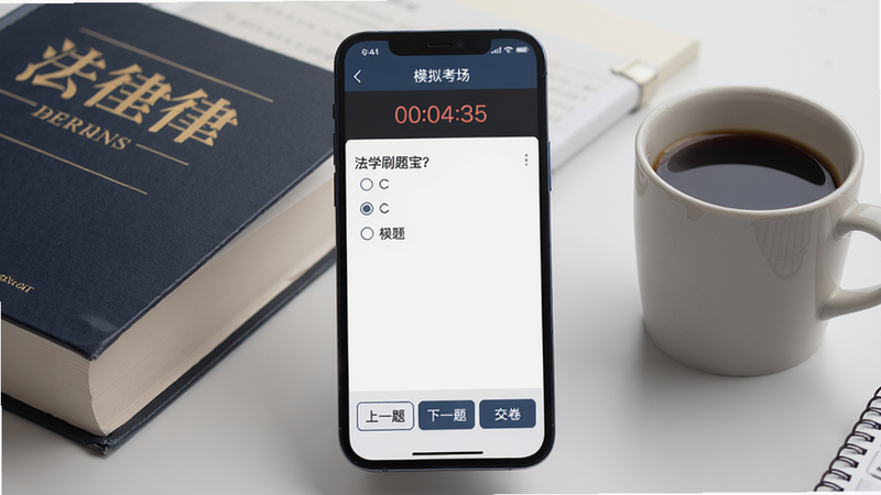 展示“法学刷题宝”在手机上运行的模拟考场界面,屏幕顶部显示“模拟考场”和倒计时,中间为单选题,底部有“上一题”“下一题”“交卷”按钮,手机旁放着一本法律书和一杯咖啡,整体氛围专注,写实风格,画质干净,无多余元素