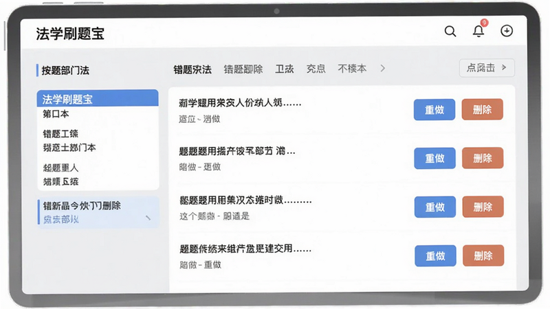 展示“法学刷题宝”错题本界面,屏幕上按部门法分类列出错题数量,点击某类后显示题目列表,每道题旁有“重做”和“删除”按钮,背景为浅灰色,界面清爽,数据清晰,画质干净,无多余元素