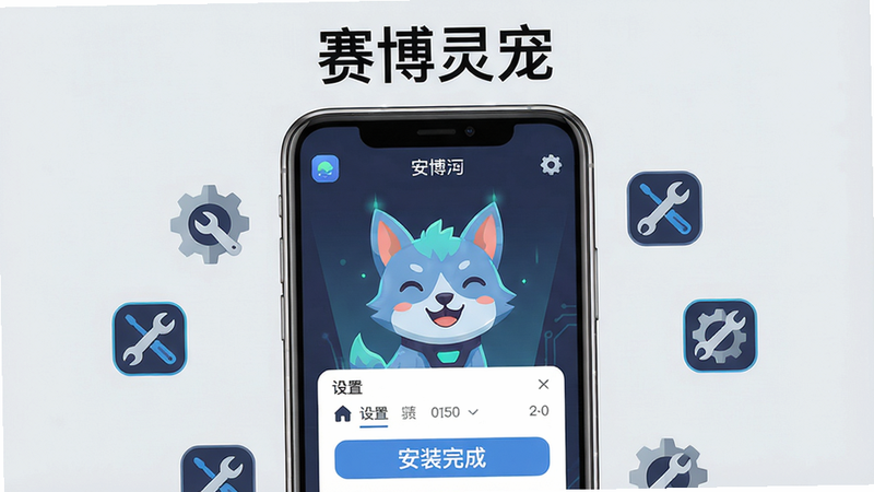 主体:一部智能手机屏幕显示赛博灵宠应用主界面,周围有齿轮和工具图标,寓意安装与设置。布局:手机居中,背景为浅灰色,上方有“赛博灵宠”文字。排版:屏幕内显示灵宠和设置菜单,下方有“安装完成”字样。风格:扁平化科技风,简洁明了。细节:手机边框有金属质感,屏幕中的灵宠在微笑。画质:高清,干净,无多余元素。