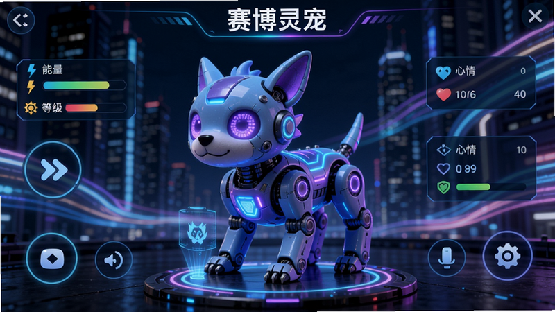主体:一款名为“赛博灵宠”的安卓应用主界面,展示一只发着蓝紫色光的机械宠物,背景是充满未来感的城市夜景。布局:界面中央是灵宠的3D模型,周围有悬浮的交互按钮和状态面板,整体采用居中对称构图。排版:灵宠占画面主体,周围分布着能量条、等级、心情等UI元素,文字标签清晰标注“赛博灵宠”。风格:赛博朋克风格,霓虹灯光效,细节丰富,高画质渲染。细节:灵宠的机械关节、发光纹理、全息投影效果,背景有流动的光线。画质:8K分辨率,干净,无多余元素。