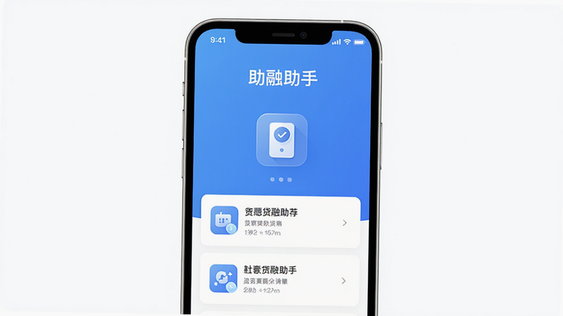 助融助手界面展示,手机屏幕显示贷款推荐列表,背景为蓝色渐变,图标居中,上方有“助融助手”字样,整体风格简洁现代,画质清晰,无多余元素