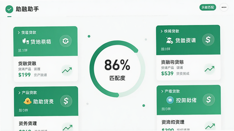 助融助手智能匹配功能示意图,页面展示多个贷款产品卡片,中间有匹配度百分比,背景为白色,绿色点缀,干净整洁,画质高