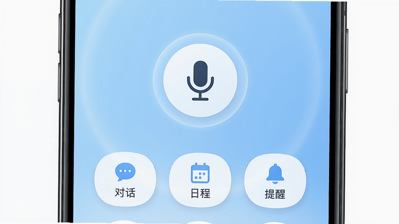 一张展示Duo Ai应用主界面的高清手机截图,界面以浅蓝色渐变背景为主,中央有一个圆形的麦克风图标,周围环绕着柔和的光晕,下方有“对话”、“日程”、“提醒”三个功能按钮,整体风格简洁现代,图标线条流畅,画质清晰,无多余元素