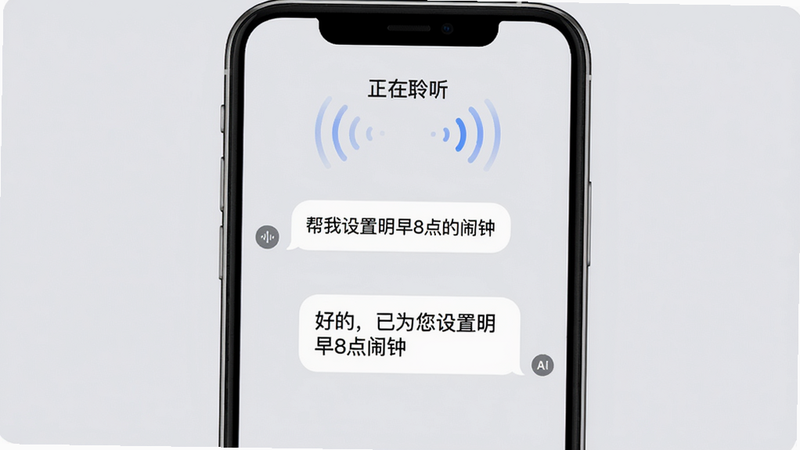 展示Duo Ai语音对话界面的手机模拟图,界面顶部显示“正在聆听”的动画波纹,中间是对话气泡,气泡内包含文字“帮我设置明早8点的闹钟”,下方是AI回复“好的,已为您设置明早8点闹钟”,背景为柔和的浅灰色,整体风格清新,突出语音交互的便捷性,画质干净,无多余元素