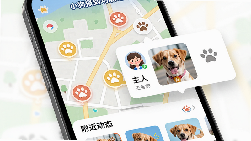 一幅展示《小狗报到》附近宠友功能的界面设计图,画面中央是手机地图,地图上有多个小狗爪印图标,点击其中一个弹出用户卡片,显示主人头像和狗狗照片,底部有“附近动态”栏目,整体风格活泼,色彩明亮,画质高清,无多余元素