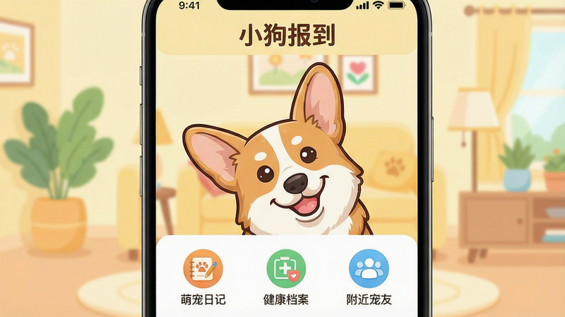一幅充满温馨与活力的手机应用界面预览图,主体为《小狗报到》APP的首页展示,画面中央是一只可爱的柯基犬正歪头微笑,背景是柔和的浅黄色客厅,界面顶部有“小狗报到”字样,下方清晰排列着“萌宠日记”、“健康档案”、“附近宠友”等图标,整体布局简洁明快,风格卡通可爱,细节丰富,画质高清干净,无多余元素