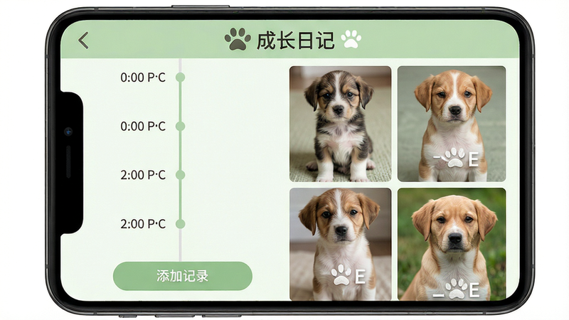 一张手机截图展示《小狗报到》的萌宠成长日记功能,画面左侧是时间轴,右侧是狗狗从幼年到成年的照片拼贴,顶部有“成长日记”标题,下方有“添加记录”按钮,整体风格清新简约,以淡绿色为主色调,画质清晰干净,无多余元素
