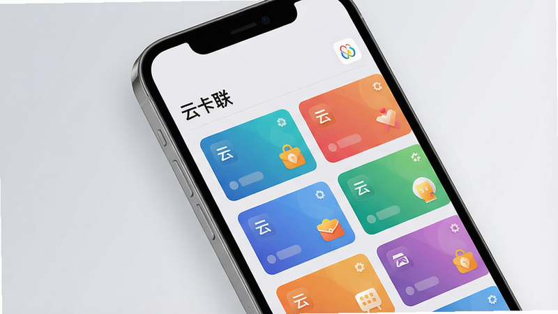 一张智能手机屏幕特写,屏幕中央显示名为“云卡联”的App界面,界面内整齐排列着多张彩色卡片缩略图,背景为干净的浅灰色渐变,整体风格现代简约,高清画质,光线柔和,突出App的智能管理功能,干净无多余元素