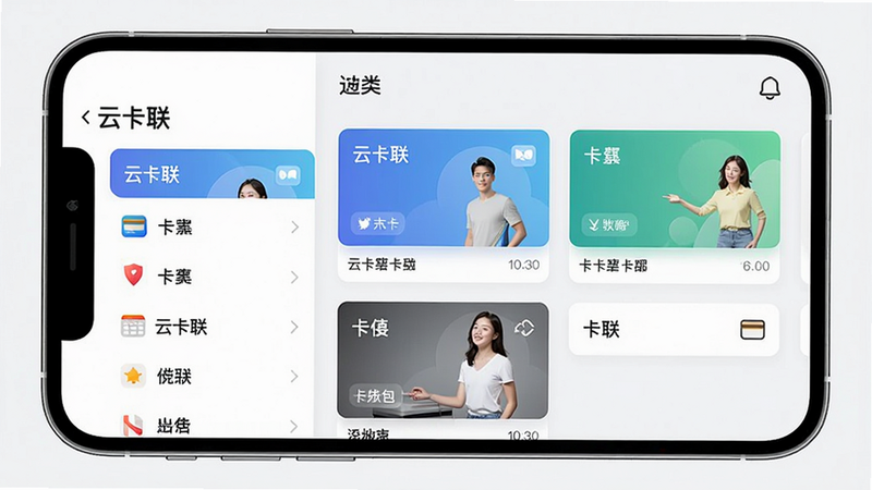 一张横屏手机界面设计图,屏幕上展示“云卡联”App的卡包分类功能,左侧为卡片分类列表,右侧为对应卡片展示,色彩搭配清爽,卡片设计精致,界面布局清晰,画质细腻,无多余元素