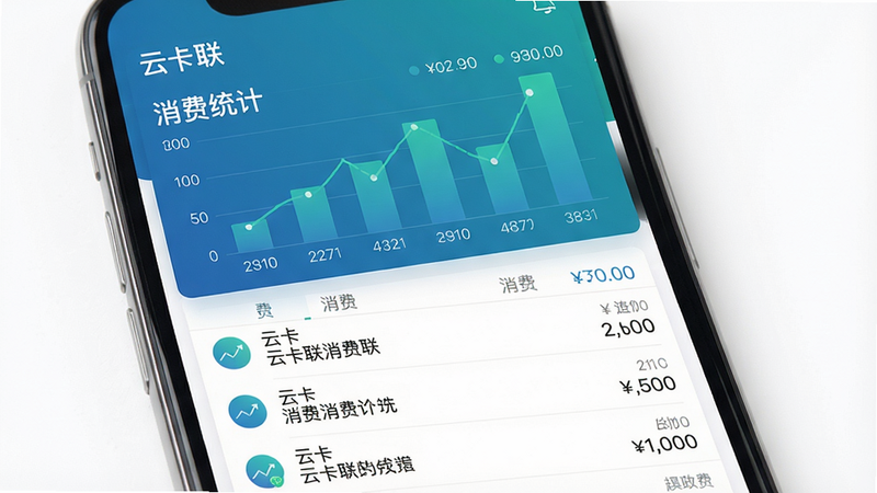 一张手机App界面截图,屏幕上方显示“云卡联”的消费统计图表,下方为逐笔消费记录列表,图表以蓝绿色为主色调,数据可视化清晰,背景为白色,整体风格专业简洁,画质高清